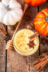 Christmas drink with cinnamon sticks and anise stars, two glasses of sweet classic eggnog cocktail on Christmas, New Year decorated background with fir tree and baubles