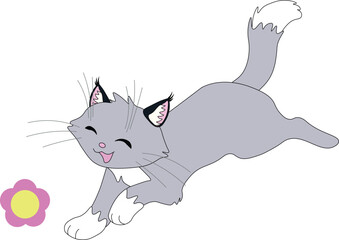 cute happy gray cat with white paws runs with eyes closed, stock vector