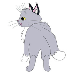 cute happy gray cat with white paws stands and looks away with mouth open, stock vector