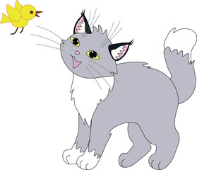 cute gray cat with white paws stands and looks at flying yellow bird, stock vector