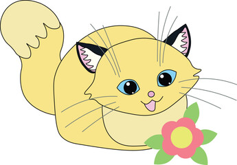 happy yellow beige cat with blue eyes sits looking at pink flower, stock vector