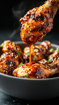 Glazed chicken drumsticks with sesame garnish