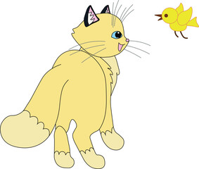 contented yellow beige cat with blue eyes and fluffy tail looks away at flying yellow bird, stock vector