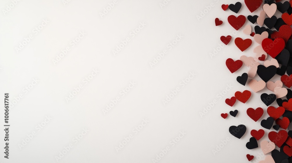 Poster a collection of 3d heart elements in various sizes and colors is arranged against a white backdrop. 