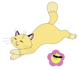 A contented yellow beige cat with a fluffy tail runs past a pink flower on which an ant sits, stock vector