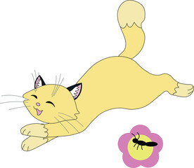 A contented yellow beige cat with a fluffy tail runs past a pink flower on which an ant sits, stock vector
