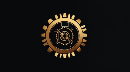 Fototapeta premium A futuristic emblem displaying a gold mechanical gear with precision and detail, set against a striking black background.