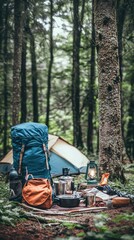 A serene camping scene featuring a backpack, tent, and camping gear nestled among tall trees in a tranquil forest.
