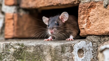 A close-up of a mouse peeking out from a small hole in a brick wall The image represents curiosity and wildlife in urban settings