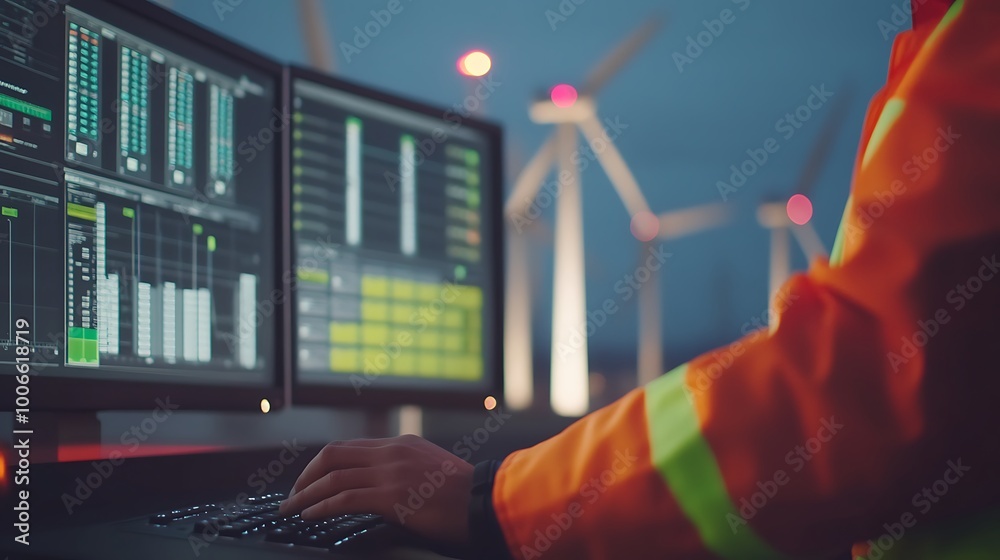 Aufkleber engineer’s hand on keyboard with wind turbine data screens