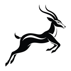 Minimalistic vector silhouette of a gazelle in a dynamic jumping pose, featuring smooth, bold lines. The design has a clean, iconic look.
