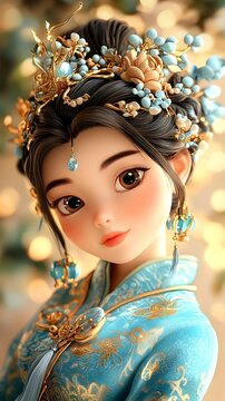 Blushing Bride in Ancient Chinese Outfit with Floating Leaves and Soft Lighting
