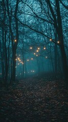 A serene forest path illuminated by soft lights, surrounded by fog and trees, creating a mystical and enchanting atmosphere.
