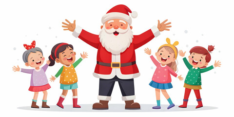 Heartwarming Flat Illustration of Santa Sharing Joy with Children - Candid Moments of Laughter at a Festive Event