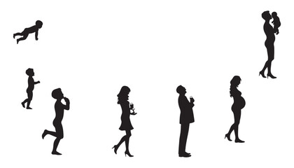 Life cycles of man and woman from a little baby to senior age vector illustration black and white art