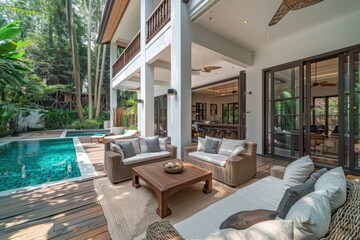 Fototapeta premium Outdoor Lounge Area with Wicker Furniture and Wooden Flooring by Pool on Phuket Island