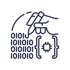 Hand writing binary code and a microchip, symbolizing AI generation and programming.
