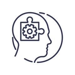 Outline of a human head with a puzzle piece and gear inside, symbolizing cognitive accessibility and mental processes.