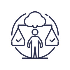 Illustration of a person weighing options with scales and a cloud overhead, symbolizing the decision-making process.