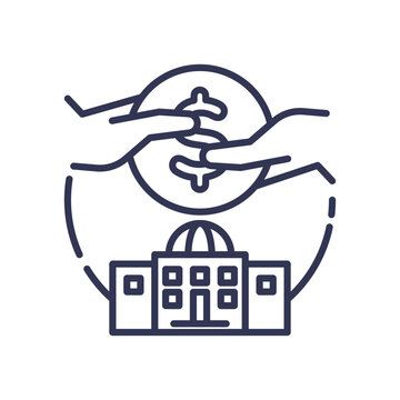 recommend clip art: Illustration of hands exchanging money above a government building, symbolizing financial support from the government.