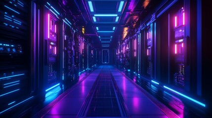 A vibrant neon-lit corridor lined with futuristic server racks, embodying technology's relentlessness and infinity.
