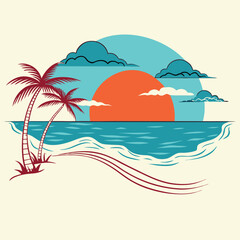 beach with palm trees for t-shirt design vector illustration 