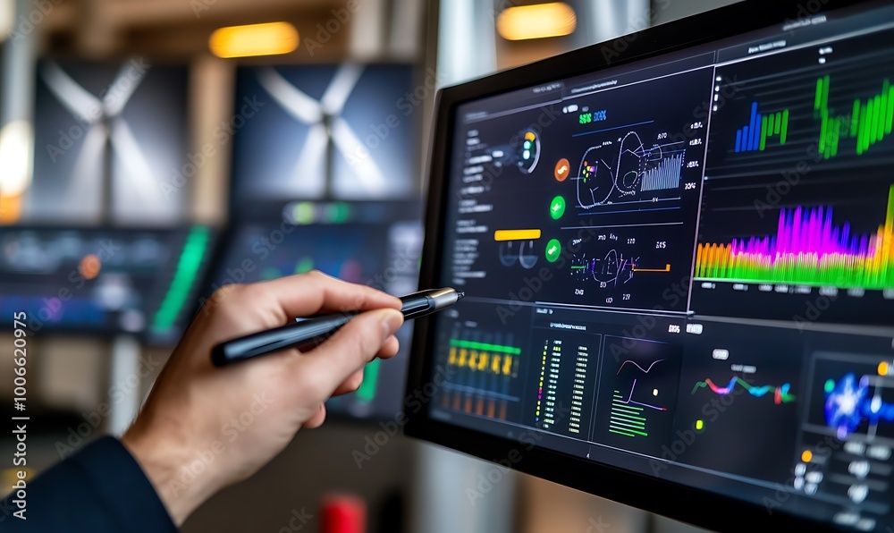 Poster Engineer Using Stylus on Screen with Wind Turbine Statistics