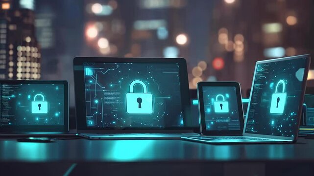 Secure Digital Devices with Lock Icons in Cybersecurity Concept