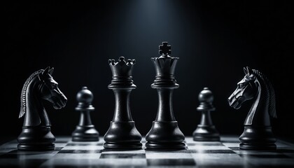Focused chess knight poised for a fork move against the king and rook, with dramatic spotlight highlighting the strategic moment in a dark backdrop