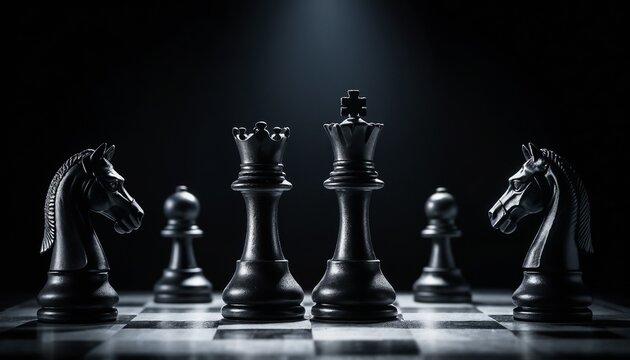 Focused chess knight poised for a fork move against the king and rook, with dramatic spotlight highlighting the strategic moment in a dark backdrop