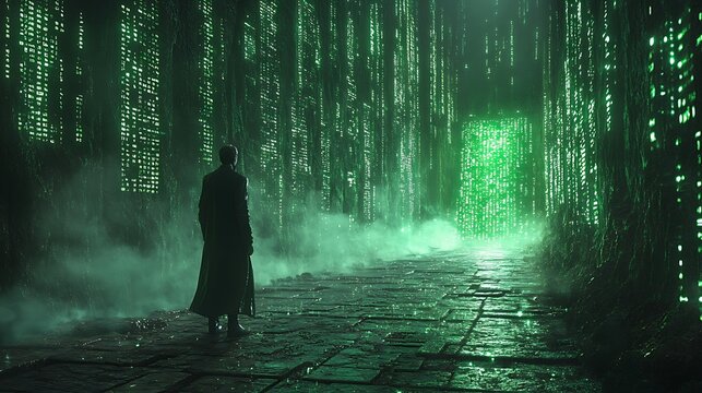 Silhouette of a Man in a Trench Coat Standing in a Futuristic Green City. Cyberpunk Scene