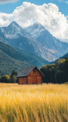 Obraz premium A serene landscape featuring a wooden cabin surrounded by golden grass and majestic mountains under a bright blue sky.