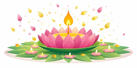 Flat Vector Illustration of Loy Krathong Festival with Floating Petals - Serene Design Isolated on White for Celebration Themed Projects