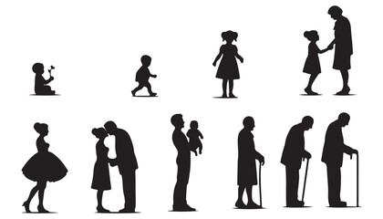 Life cycles of man and woman from a little baby to senior age vector illustration black and white art