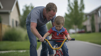 Father guiding his son to ride a bicycle in a suburban neighborhood