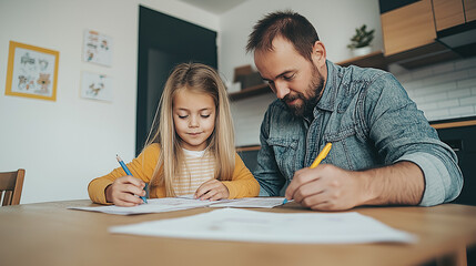 Naklejka premium Father and daughter working on homework together at the kitchen table 