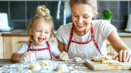 Fototapeta premium Mother and daughter having fun baking together with flour on the table 