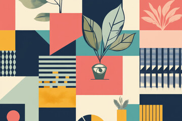 Abstract geometric background with botanical colorful leaves and trees, copy space