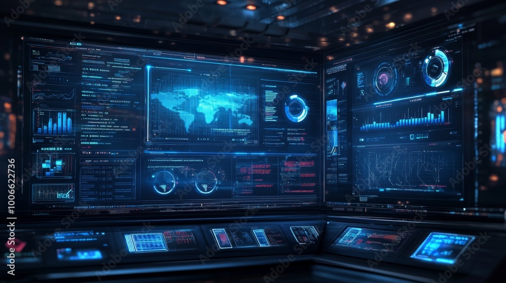 Poster a high-tech control room filled with digital screens and analytics interfaces, emphasizing data-driv