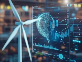 A futuristic digital interface displays a holographic globe beside a wind turbine, highlighting renewable energy tech.