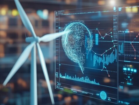 A futuristic digital interface displays a holographic globe beside a wind turbine, highlighting renewable energy tech.