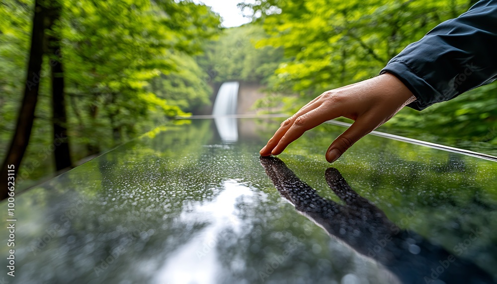 Poster engineer touching metallic surface of dam with water turbine behind