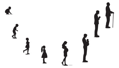 Life cycles of man and woman from a little baby to senior age vector illustration black and white art