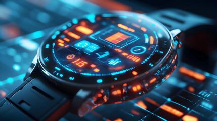 3D Smartwatch on White Background with Holographic Business Strategy Icons - Macro Shot for Decision Making and Planning Concepts