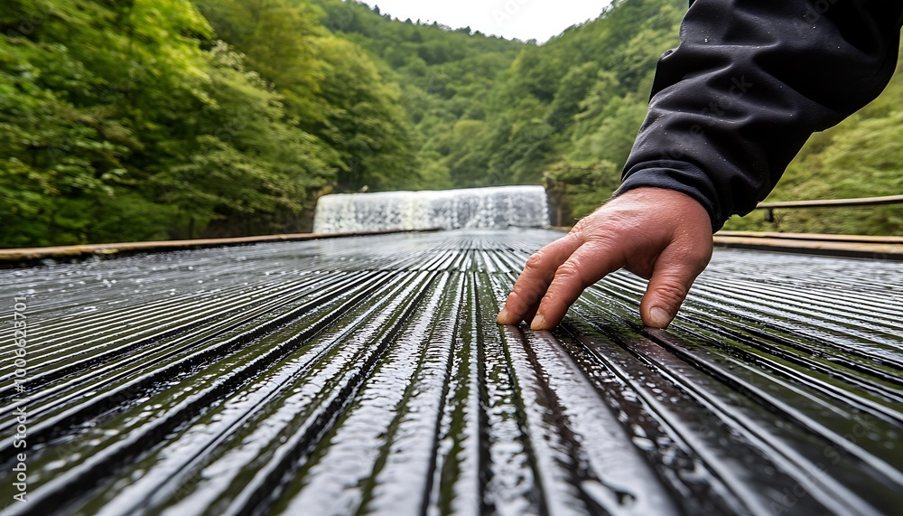 Poster engineer touching metallic surface of dam with water turbine behind