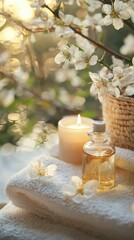 Obraz premium A serene spa setup featuring a bottle of oil, a lit candle, and blooming flowers, perfect for relaxation and self-care.
