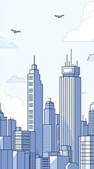 Fototapeta premium A serene urban skyline featuring modern skyscrapers against a clear blue sky with birds, ideal for city-themed designs.