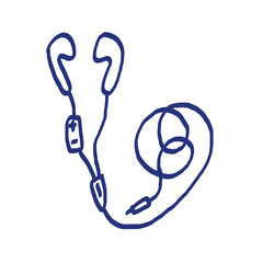 Headphones sketch. Podcast or music item. Illustration for broadcast. Hand drawn vector icon. Blue pen or marker drawing. Primitive kids picture