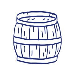 Wooden barrel. Pirate item sketch. Hand drawn illustration. Vector icon. Blue pen or marker drawing. Primitive kids picture
