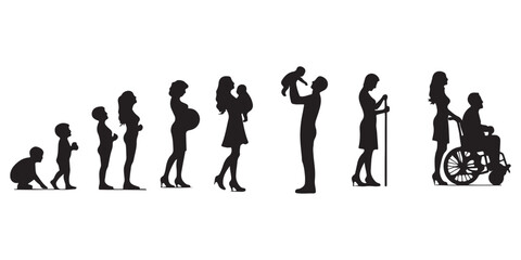 Life cycles of man and woman from a little baby to senior age vector illustration black and white art